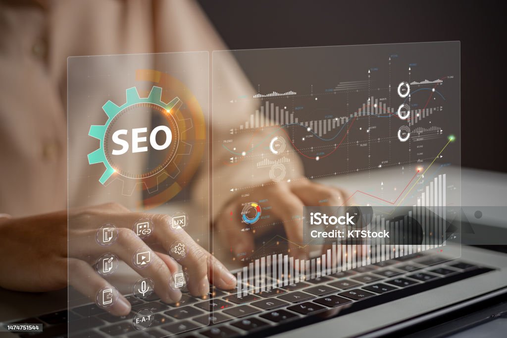 SEO analytics dashboard displaying website performance and search engine optimization metrics.